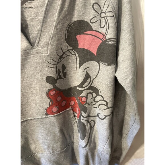 Disney Parks Sweatshirt Womens Sz L Minnie Mouse Hooded grey Pullover Hoodie - Picture 2 of 9